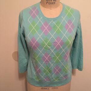 Geneva Aqua-Green-Blue-White Argyle 100% Cashmere Sweater XL